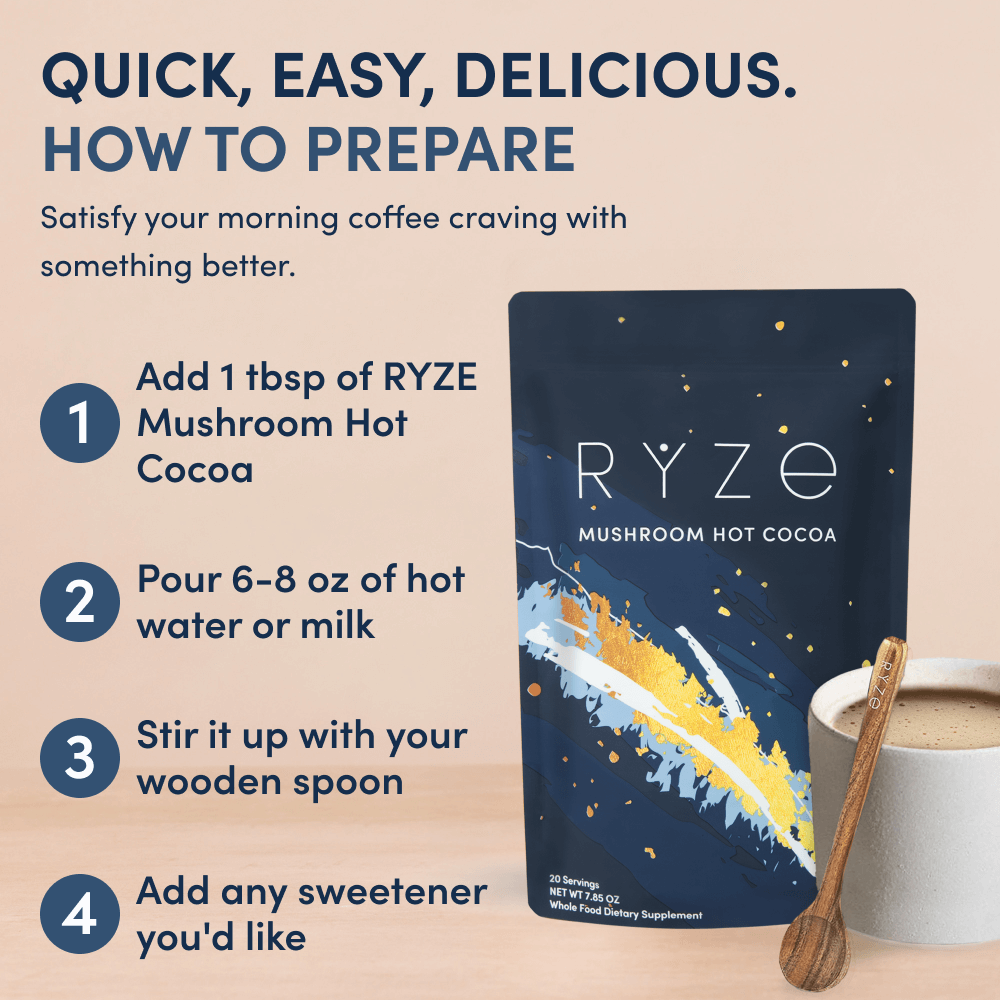 RYZE Mushroom Hot Cocoa — Organic Instant Cocoa with L-Theanine & Melatonin, 20 Servings R6