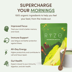 RYZE Mushroom Matcha — Organic Instant Matcha Latte with Lion's Mane & King Trumpet, 30 Servings E8