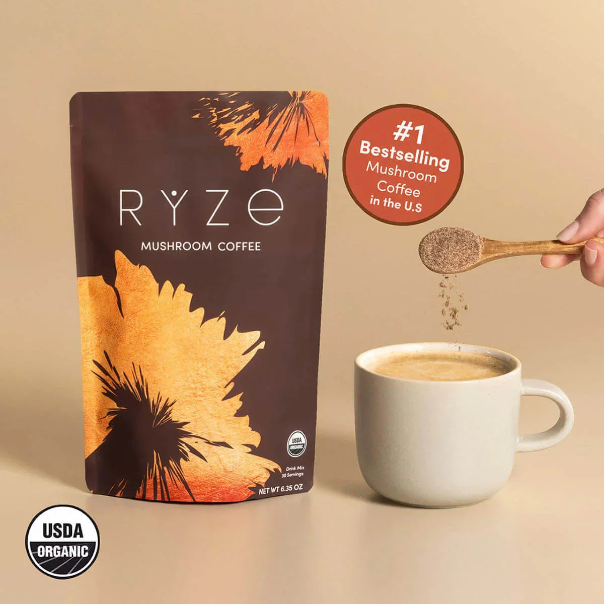 RYZE Mushroom Coffee — Organic Instant Coffee with Cordyceps & Reishi, 30 Servings D4