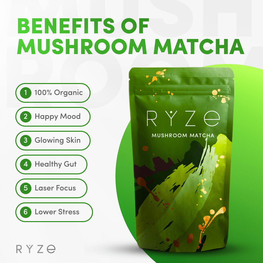 RYZE Mushroom Matcha - with 6 Organic Adaptogenic Mushrooms Grown In USA and Ceremonial-Grade Japanese Matcha L0