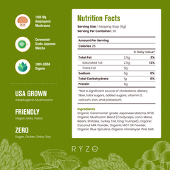 RYZE Mushroom Matcha - with 6 Organic Adaptogenic Mushrooms Grown In USA and Ceremonial-Grade Japanese Matcha L0